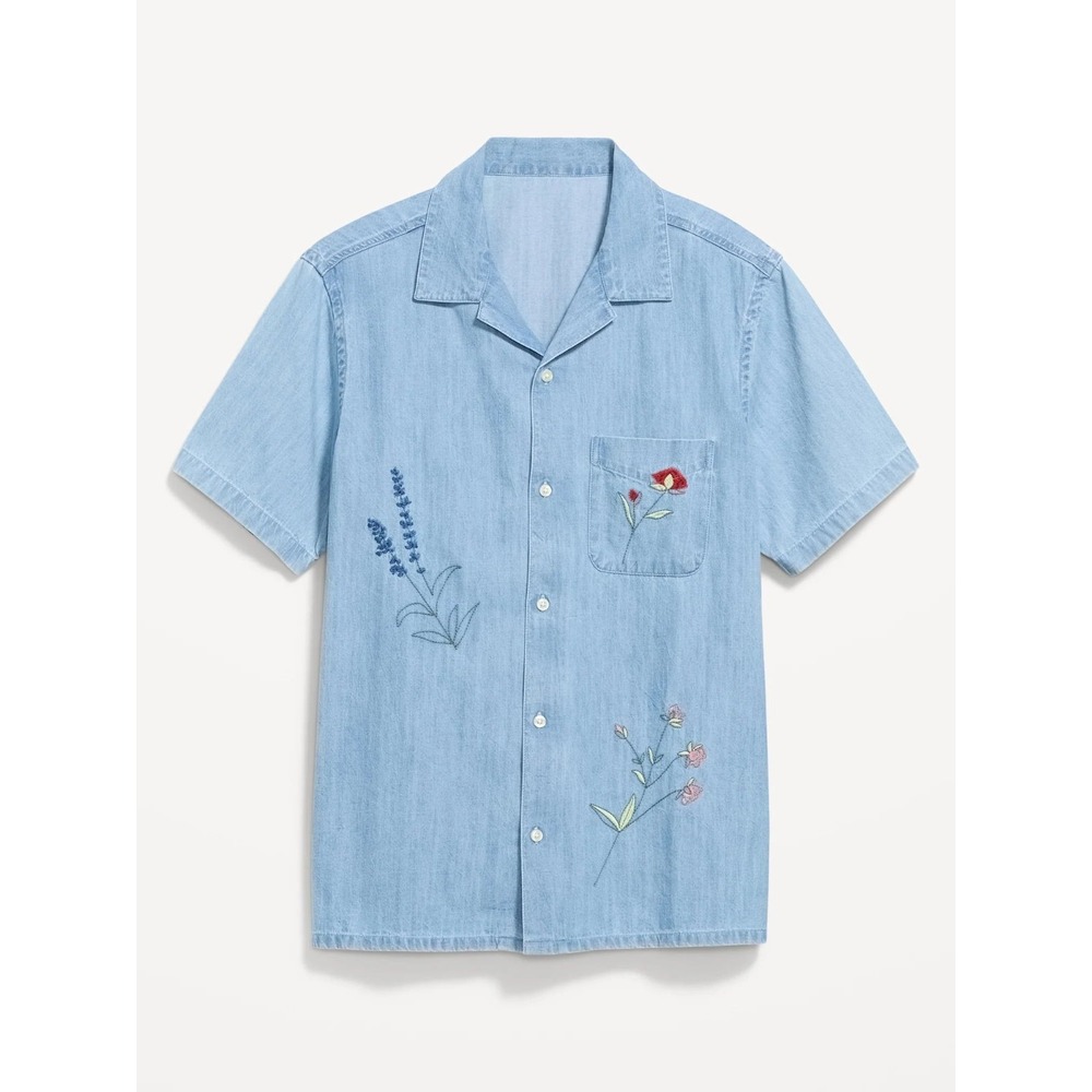 Old Navy Men's Denim Short Sleeve Floral Embroidered Camp Shirt - Blue - XXL